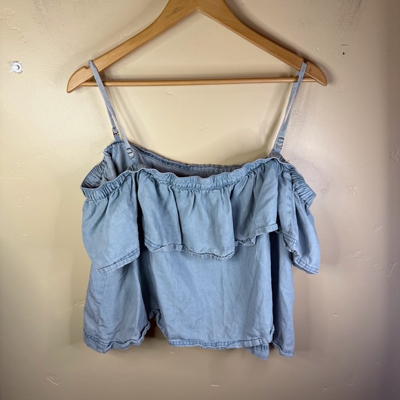 Free People Off the Shoulder‎ Denim Chambray Spaghetti Strap Size Large Boho - Picture 8 of 8